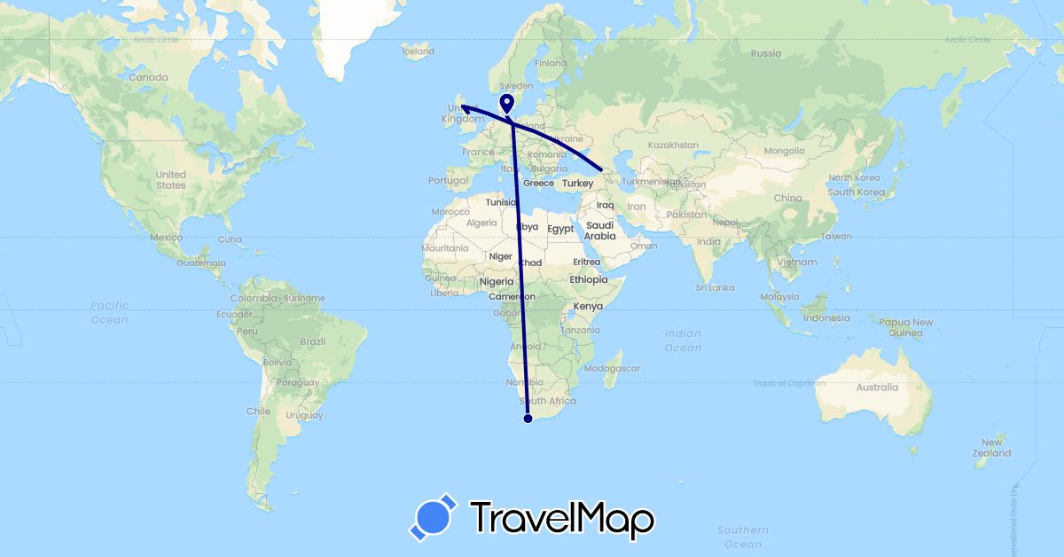 TravelMap itinerary: driving in Germany, United Kingdom, Georgia, South Africa (Africa, Asia, Europe)